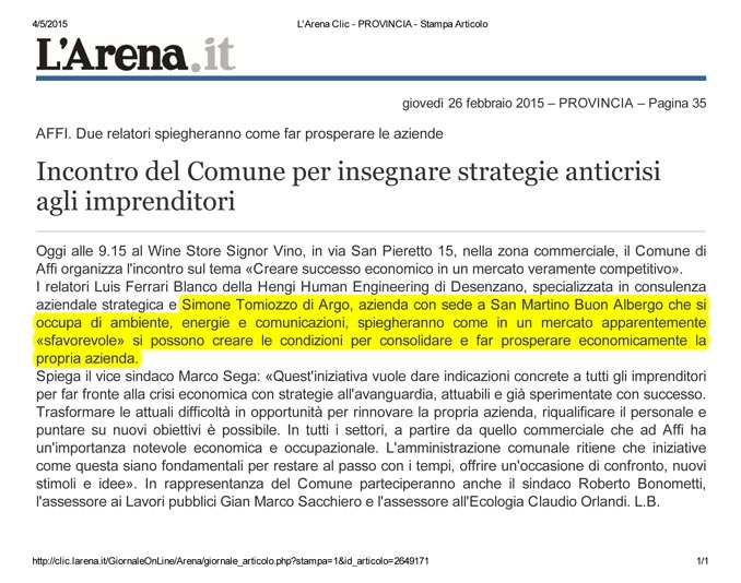 Quotidiano L'Arena:articolo su evento ad Affi organizzato da Argo. Relatore Simone Tomiozzo.